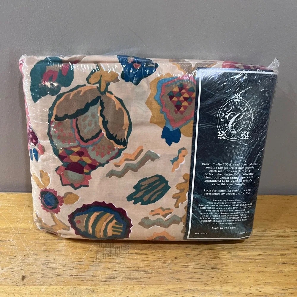 Vtg Crown Crafts Cameroon King Fitted Sheet Multi Color Abstract Animal Percale